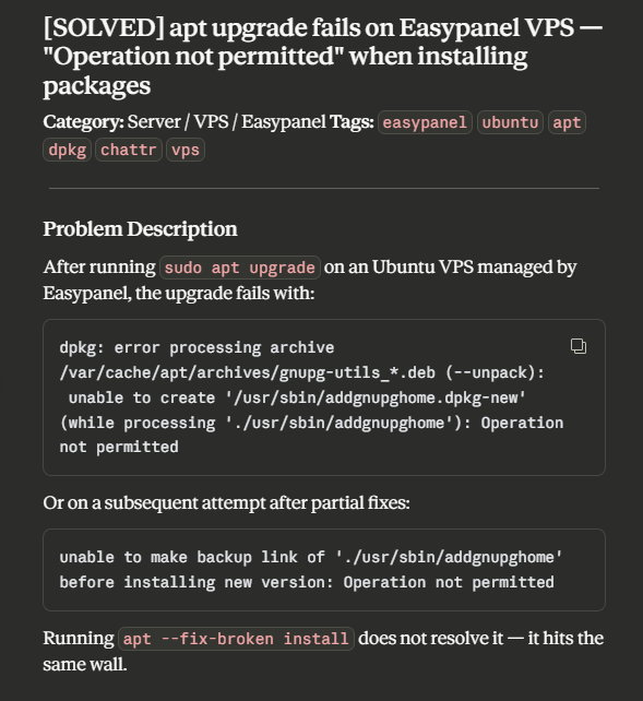 [SOLVED] apt upgrade fails on Easypanel VPS — "Operation not permitted" when installing packages