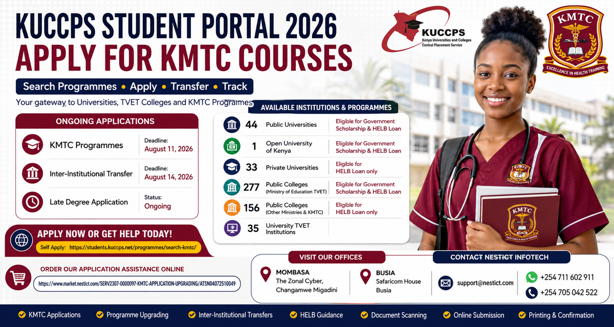 KUCCPS Student Portal 2026: How to Apply for KMTC Courses, Transfer Institutions and Explore Programmes