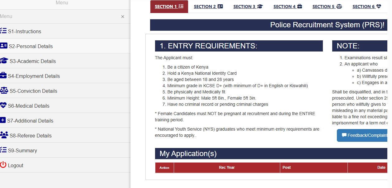 Police Recruitment System (PRS)!- Application  Walk through: Section 1 - 9 in Photos